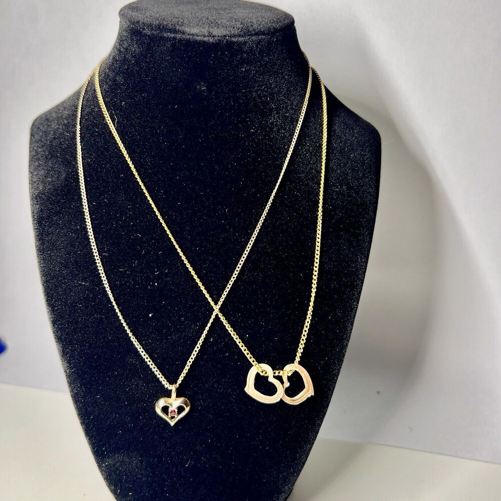 Lot of 2 Vtg Gold Tone Heart Pendant Necklaces Interlocking Double Open Heart